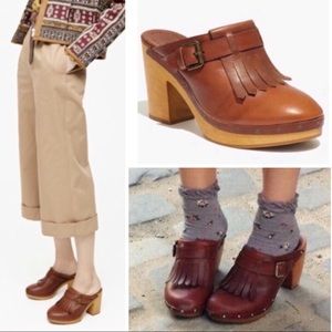 Madewell Kiltie chestnut fringe wooden sole clog